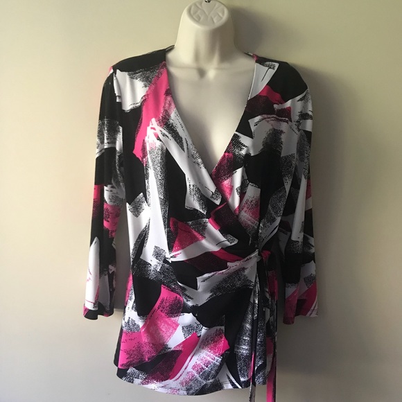 Anne Klein Tops - Anne Klein pink black faux wrap top blouse shirt.